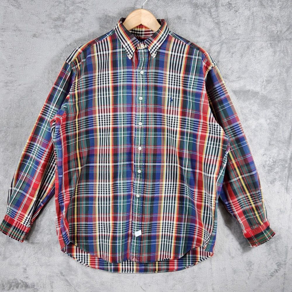 Ralph Lauren Shirt Large Vintage 1990s Denim Tartan Plaid Button Up - Picture 1 of 10